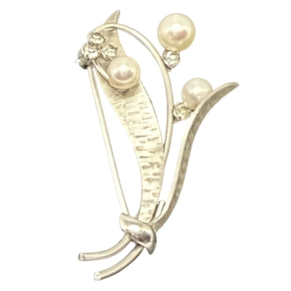 Krementz Pearl & Rhinestone Floral Brooch Silver Tone Signed Vintage